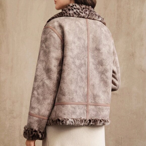 Pink Casual Women's Faux Fur Lined Motorcycle Jacket With Leopard Print - Picture 2 of 8